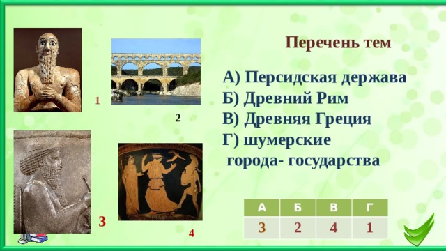 Перечень тем   А) Персидская держава Б) Древний Рим В) Древняя Греция Г) шумерские  города- государства  1 2 А 3 Б В 2 Г 4 1 3 4 