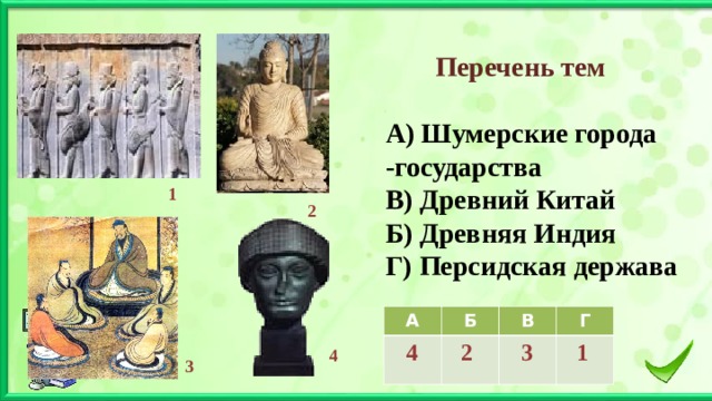 Перечень тем А) Шумерские города -государства В) Древний Китай Б) Древняя Индия Г) Персидская держава 1  2 А Б  4 В 2 Г  3 1  4 3 