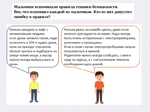 Мальчики вспоминали правила техники безопасности. Вот, что вспомнил каждый из мальчиков. Кто из них допустил ошибку в правиле? 