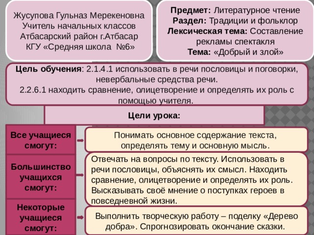 Предмет: Литературное чтение Жусупова Гульназ Мерекеновна Раздел: Традиции и фольклор Учитель начальных классов Лексическая тема: Составление рекламы спектакля Атбасарский район г.Атбасар Тема: «Добрый и злой»  КГУ «Средняя школа №6» Цель обучения : 2.1.4.1 использовать в речи пословицы и поговорки, невербальные средства речи. 2.2.6.1 находить сравнение, олицетворение и определять их роль с помощью учителя. Цели урока: Все учащиеся смогут: Понимать основное содержание текста, определять тему и основную мысль. Отвечать на вопросы по тексту. Использовать в речи пословицы, объяснять их смысл. Находить сравнение, олицетворение и определять их роль. Высказывать своё мнение о поступках героев в повседневной жизни. Большинство учащихся смогут: Некоторые учащиеся  смогут: Выполнить творческую работу – поделку «Дерево добра». Спрогнозировать окончание сказки. 