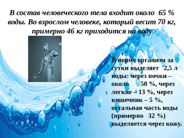 В состав человеческого тела входит около 65 % воды. Во взрослом человеке, который весит 70 кг, примерно 46 кг приходится на воду    В норме организм за сутки выделяет 2,5 л воды: через почки – около 50 %, через легкие – 13 %, через кишечник – 5 %, остальная часть воды (примерно 32 %) выделяется через кожу. 