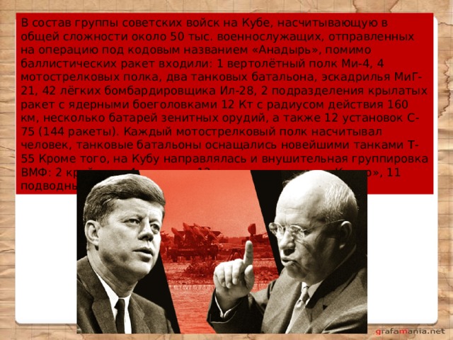 В состав группы советских войск на Кубе, насчитывающую в общей сложности около 50 тыс. военнослужащих, отправленных на операцию под кодовым названием «Анадырь», помимо баллистических ракет входили: 1 вертолётный полк Ми-4, 4 мотострелковых полка, два танковых батальона, эскадрилья МиГ-21, 42 лёгких бомбардировщика Ил-28, 2 подразделения крылатых ракет с ядерными боеголовками 12 Кт с радиусом действия 160 км, несколько батарей зенитных орудий, а также 12 установок С-75 (144 ракеты). Каждый мотострелковый полк насчитывал человек, танковые батальоны оснащались новейшими танками Т-55 Кроме того, на Кубу направлялась и внушительная группировка ВМФ: 2 крейсера, 4 эсминца, 12 ракетных катеров «Комар», 11 подводных лодок (из них 7 с ядерными ракетами) 