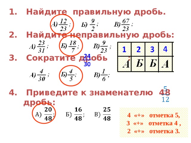 1. Найдите правильную дробь.  2. Найдите неправильную дробь:  3. Сократите дробь :   4. Приведите к знаменателю 48 дробь:      4 «+» отметка 5,  3 «+» отметка 4 ,  2 «+» отметка 3. 