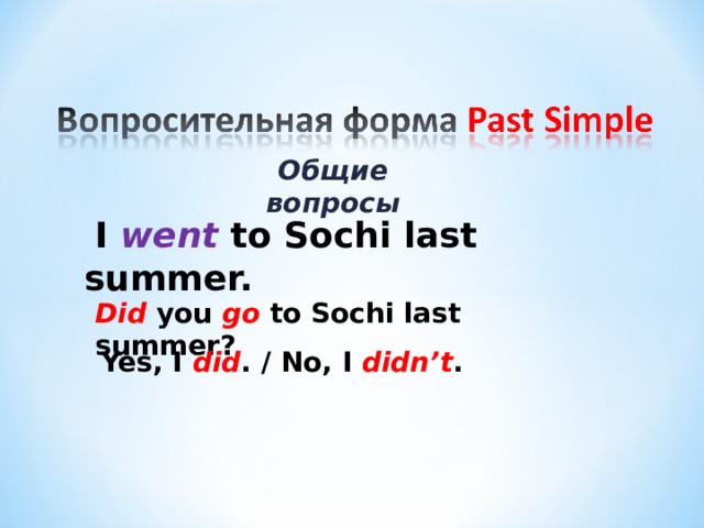 Общие вопросы  I went to Sochi last summer. Did you go to Sochi last summer? Yes, I did . / No, I didn’t . 