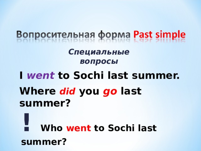 Специальные вопросы I  went  to Sochi last summer. Where did you go last summer? ! Who went to Sochi last summer? 