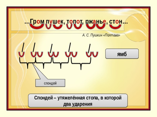 … Гр о м п у ш е к, т о п о т, рж а нь е , ст о н… А. С. Пушкин «Полтава» ямб спондей Спондей – утяжелённая стопа, в которой два ударения 