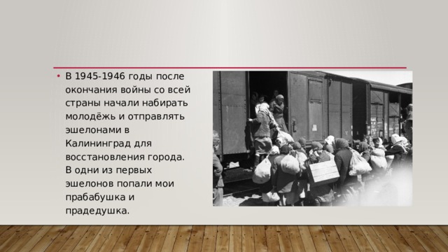 В 1945-1946 годы после окончания войны со всей страны начали набирать молодёжь и отправлять эшелонами в Калининград для восстановления города. В одни из первых эшелонов попали мои прабабушка и прадедушка. 