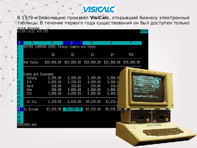 В 1979-м революцию произвёл VisiCalc , открывший бизнесу электронные таблицы. В течение первого года существования он был доступен только для Apple. 
