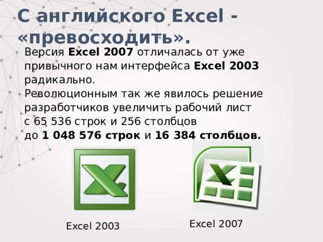  С английского Excel - «превосходить». Версия Excel 2007 отличалась от уже привычного нам интерфейса Excel 2003 радикально. Революционным так же явилось решение разработчиков увеличить рабочий лист с 65 536 строк и 256 столбцов до 1 048 576 строк и 16 384 столбцов. Excel 2007 Excel 2003 