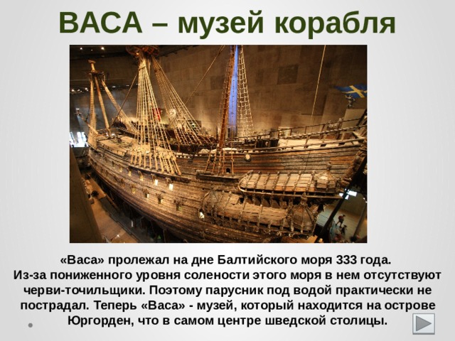 ВАСА – музей корабля «Васа» пролежал на дне Балтийского моря 333 года. Из-за пониженного уровня солености этого моря в нем отсутствуют черви-точильщики. Поэтому парусник под водой практически не пострадал. Теперь «Васа» - музей, который находится на острове Юргорден, что в самом центре шведской столицы.  