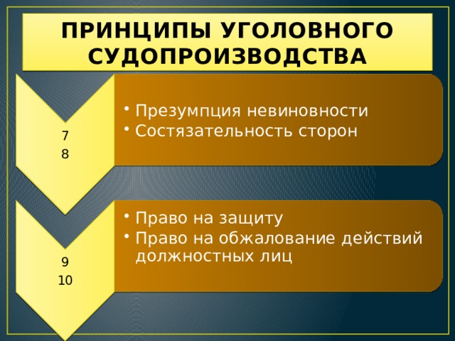 7 8 Презумпция невиновности Состязательность сторон Презумпция невиновности Состязательность сторон 9 10 Право на защиту Право на обжалование действий должностных лиц Право на защиту Право на обжалование действий должностных лиц ПРИНЦИПЫ УГОЛОВНОГО СУДОПРОИЗВОДСТВА  