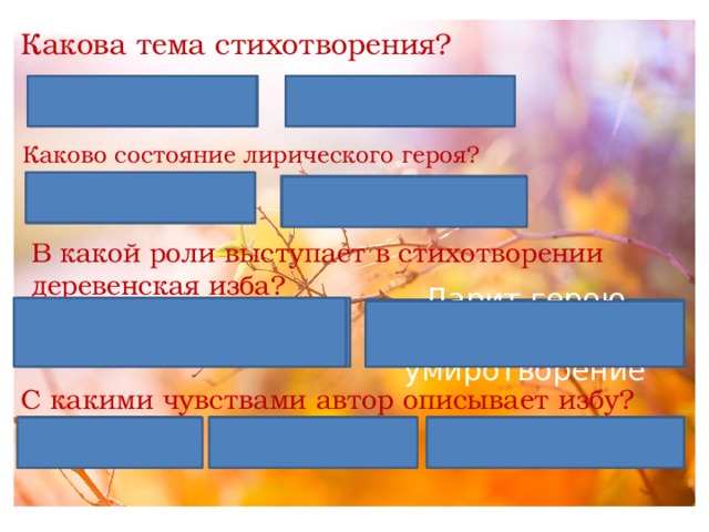 Какова тема стихотворения? осень увядание Каково состояние лирического героя? грусть размышления В какой роли выступает в стихотворении деревенская изба? Спокойное, безопасное место Дарит герою покой, умиротворение С какими чувствами автор описывает избу? любовь нежность Надежда на спасение 