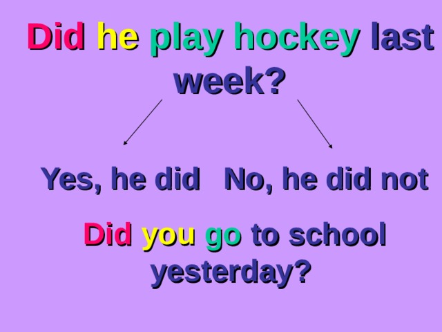 Did  he play hockey last week? Yes, he did No, he did not Did  you  go to school yesterday? 