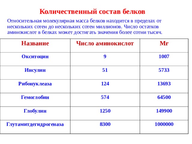 Количественный состав белков Относительная молекулярная масса белков находится в пределах от нескольких сотен до нескольких сотен миллионов. Число остатков аминокислот в белках может достигать значения более сотни тысяч. Название Число аминокислот Окситоцин М r 9 Инсулин 51 Рибонуклеаза 1007 5733 124 Гемоглобин 574 13693  Глобулин 64500 1250 Глутамитдегидрогеназа 8300 149900 1000000 