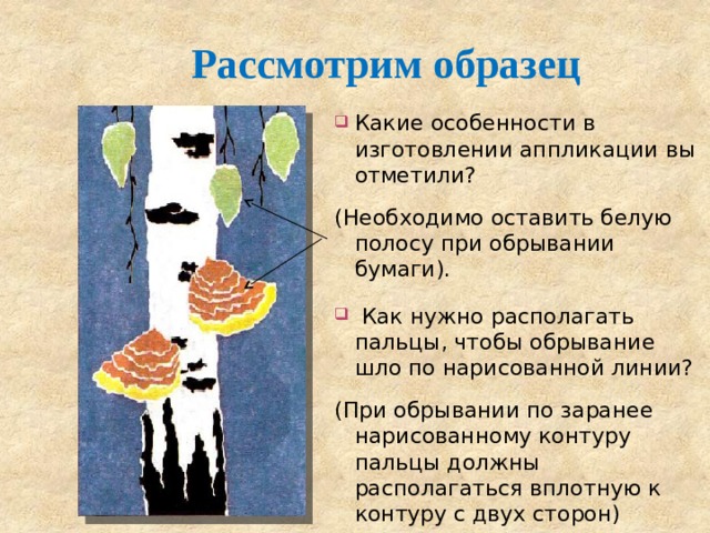 Рассмотрим образец Какие особенности в изготовлении аппликации вы отметили? (Необходимо оставить белую полосу при обрывании бумаги).  Как нужно располагать пальцы, чтобы обрывание шло по нарисованной линии? (При обрывании по заранее нарисованному контуру пальцы должны располагаться вплотную к контуру с двух сторон) 