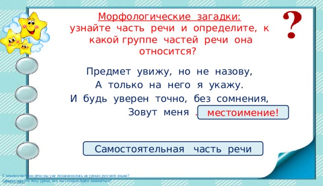 Морфологические загадки:  узнайте часть речи и определите, к какой группе частей речи она относится? Предмет увижу, но не назову, А только на него я укажу. И будь уверен точно, без сомнения, Зовут меня …  местоимение! Самостоятельная часть речи С какими частями речи мы уже познакомились на уроках русского языка? Сформулируйте тему урока, чем мы сегодня будем заниматься? 