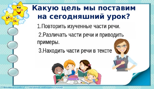 Какую цель мы поставим  на сегодняшний урок? С  чего начнете работу? С повторения необходимых знаний. 