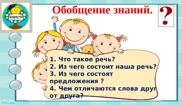 Обобщение знаний. 1. Что такое речь? 2. Из чего состоит наша речь? 3. Из чего состоят предложения ? 4. Чем отличаются слова друг от друга?  