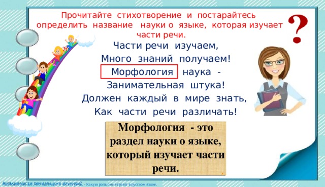 Прочитайте стихотворение и постарайтесь определить название науки о языке, которая изучает части речи. Части речи изучаем, Много знаний получаем! Морфология наука - Занимательная штука! Должен каждый в мире знать, Как части речи различать! А какие части речи мы уже изучили?  Мы повторим всё, что мы знаем о частях речи. - Какую роль они играют в русском языке. 