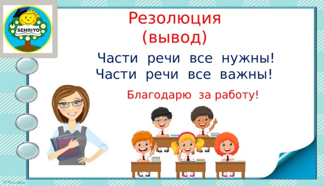 Резолюция (вывод)    Части речи все нужны! Части речи все важны! Благодарю за работу! 