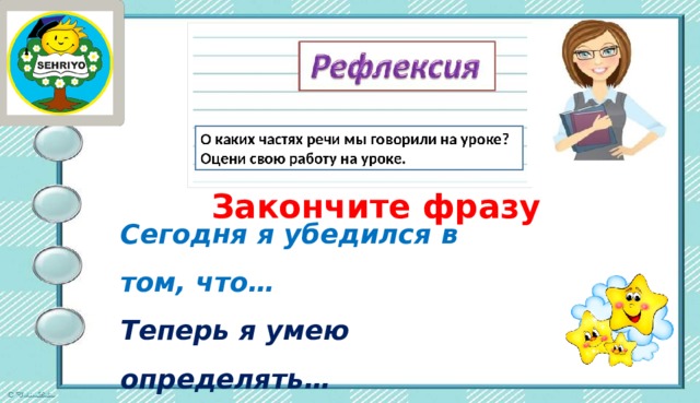 Закончите фразу Сегодня я убедился в том, что… Теперь я умею определять… Я знаю, что в русском языке… 