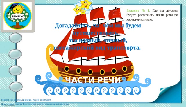 Задание № 1.  Где вы должны будете распознать части речи по характеристикам. Догадайтесь, на чём мы будем путешествовать: это водный, личный, пассажирский вид транспорта. ЧАСТИ РЕЧИ Говорят, как корабль назовёшь, так он и поплывёт. И вот первое задание Вам поможет, узнать название вашей команды 