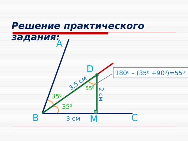 3,5 см 2 см Решение практического задания: А D 180 0 – (35 0 +90 0 )=55 0 55 0 35 0 35 0 С В М 3 см 