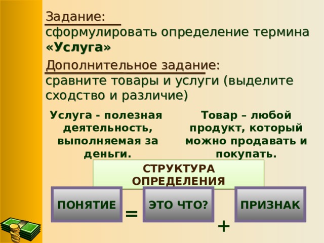 Задание: сформулировать определение термина «Услуга» Дополнительное задание: сравните товары и услуги (выделите сходство и различие) Услуга - полезная Товар – любой продукт, который можно продавать и покупать. деятельность, выполняемая за деньги. СТРУКТУРА ОПРЕДЕЛЕНИЯ ПОНЯТИЕ ЭТО ЧТО? ПРИЗНАК  +  = 