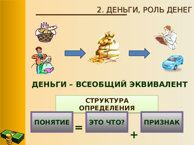 2. ДЕНЬГИ, РОЛЬ ДЕНЕГ ДЕНЬГИ – ВСЕОБЩИЙ ЭКВИВАЛЕНТ СТРУКТУРА ОПРЕДЕЛЕНИЯ ПОНЯТИЕ ЭТО ЧТО? ПРИЗНАК  +  = 