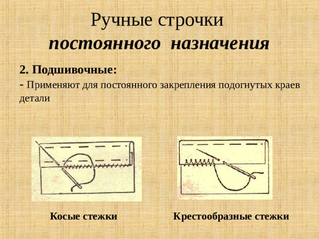 Ручные строчки  постоянного назначения 2. Подшивочные: - Применяют для постоянного закрепления подогнутых краев детали Крестообразные стежки Косые стежки 