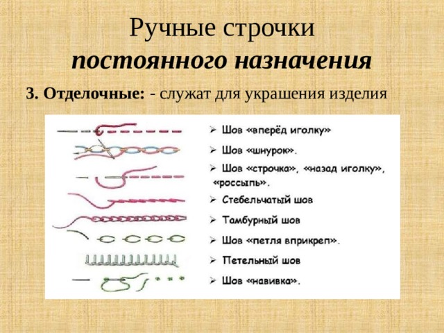 Ручные строчки  постоянного назначения 3. Отделочные: - служат для украшения изделия 