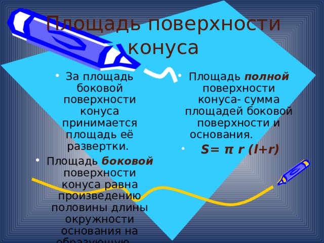 Площадь поверхности конуса За площадь боковой поверхности конуса принимается площадь её развертки. Площадь боковой  поверхности конуса равна произведению половины длины окружности основания на образующую.  S= π r l Площадь полной поверхности конуса- сумма площадей боковой поверхности и основания.   S= π r (l+r)  