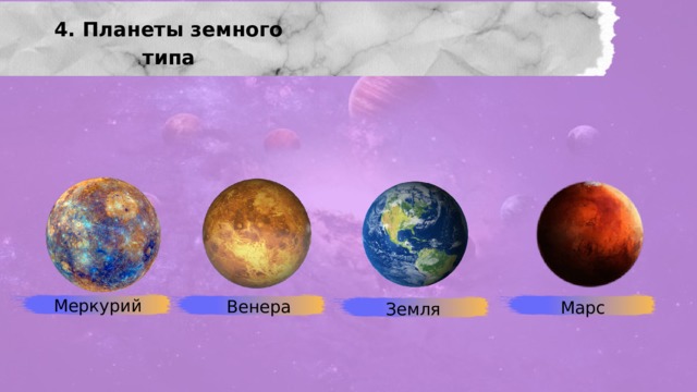 4. Планеты земного типа Меркурий Венера Марс Земля 
