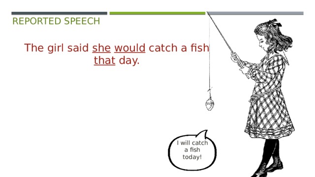 reported speech The girl said she  would catch a fish that day. I will catch  a fish  today!   