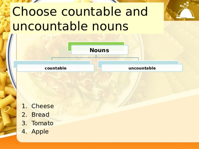 Choose countable and uncountable nouns Nouns  countable uncountable Cheese Bread Tomato Apple Juice Chocolate Banana Biscuit 