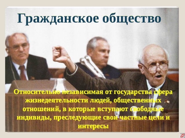 Гражданское общество Относительно независимая от государства сфера жизнедеятельности людей, общественных отношений, в которые вступают свободные индивиды, преследующие свои частные цели и интересы 