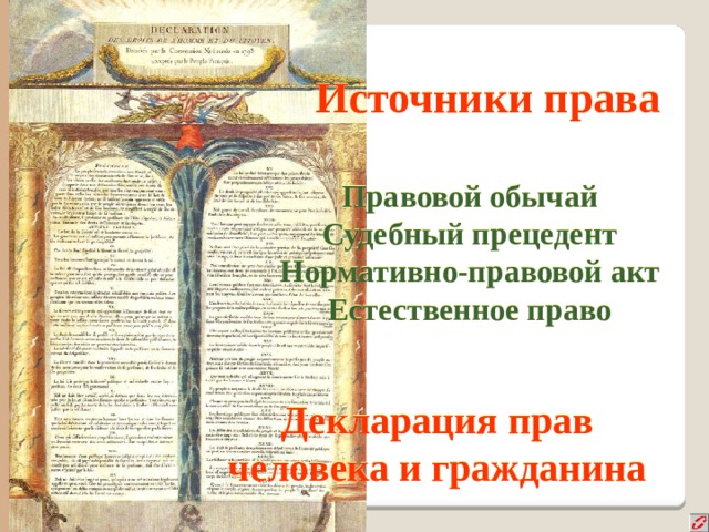 Источники права Правовой обычай  Судебный прецедент  Нормативно-правовой акт  Естественное право   Декларация прав человека и гражданина 