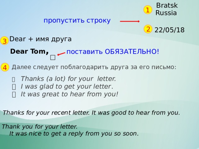 Bratsk 1 Russia пропустить строку 2 22/05/18 Dear + имя друга 3 Dear Tom , поставить ОБЯЗАТЕЛЬНО! Далее следует поблагодарить друга за его письмо: 4   Thanks (a lot) for your letter.   I was glad to get your letter .   It was great to hear from you! Thanks for your recent letter. It was good to hear from you. Thank you for your letter.  It was nice to get a reply from you so soon. 