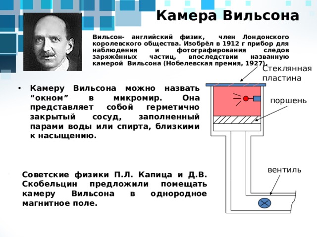 Камера Вильсона Вильсон- английский физик, член Лондонского королевского общества. Изобрёл в 1912 г прибор для наблюдения и фотографирования следов заряжённых частиц, впоследствии названную камерой Вильсона (Нобелевская премия, 1927). Стеклянная пластина Камеру Вильсона можно назвать “окном” в микромир. Она представляет собой герметично закрытый сосуд, заполненный парами воды или спирта, близкими к насыщению.  поршень   Советские физики П.Л. Капица и Д.В. Скобельцин предложили помещать камеру Вильсона в однородное магнитное поле. Камера Вильсона вентиль