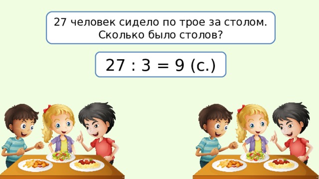 27 человек сидело по трое за столом. Сколько было столов? 27 : 3 = 9 (с.) 