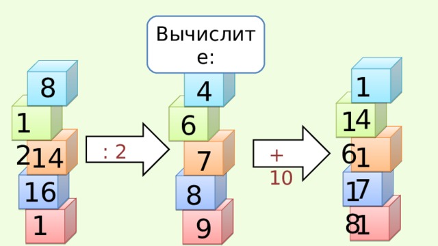 Вычислите: 14 8 4 16 12 6 : 2 17 14 + 10 7 18 16 8 19 18 9 