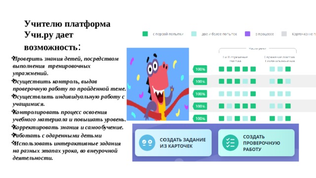 Учителю платформа Учи.ру дает возможность : Проверить знания детей, посредством выполнения тренировочных упражнений. Осуществить контроль, выдав проверочную работу по пройденной теме. Осуществлять индивидуальную работу с учащимися. Контролировать процесс освоения учебного материала и повышать уровень. Корректировать знания и самообучение. Работать с одаренными детьми   Использовать интерактивные задания на разных этапах урока, во внеурочной деятельности.     