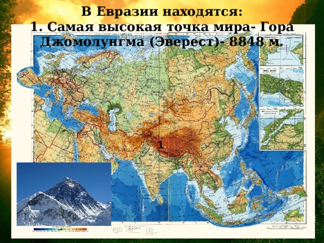 В Евразии находятся:  1. Самая высокая точка мира- Гора Джомолунгма (Эверест)- 8848 м. 1 