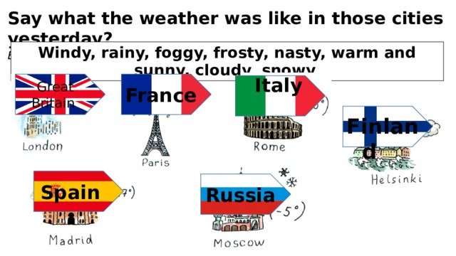 Say what the weather was like in those cities yesterday?  Example: It was foggy and nasty in London. Windy, rainy, foggy, frosty, nasty, warm and sunny, cloudy, snowy. Great Britain  France   Italy   Finland   Spain   Russia  