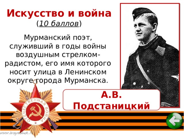 Искусство и война  ( 10 баллов ) Мурманский поэт, служивший в годы войны воздушным стрелком-радистом, его имя которого носит улица в Ленинском округе города Мурманска. А.В. Подстаницкий 