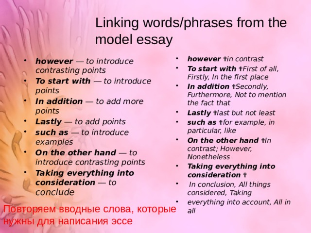 Linking words/phrases from the model essay however ➝ in contrast To start with ➝ First of all, Firstly, In the first place In addition ➝ Secondly, Furthermore, Not to mention the fact that Lastly ➝ last but not least such as ➝ for example, in particular, like On the other hand ➝ In contrast; However, Nonetheless Taking everything into consideration ➝  In conclusion, All things considered, Taking everything into account, All in all however ― to introduce contrasting points To start with ― to introduce points In addition ― to add more points Lastly ― to add points such as ― to introduce examples On the other hand ― to introduce contrasting points Taking everything into consideration ― to conclude Повторяем вводные слова, которые нужны для написания эссе 