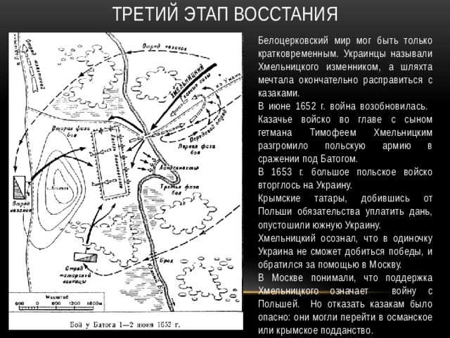 Третий этап Восстания Белоцерковский мир мог быть только кратковременным. Украинцы называли Хмельницкого изменником, а шляхта мечтала окончательно расправиться с казаками. В июне 1652 г. война возобновилась.  Казачье войско во главе с сыном гетмана Тимофеем Хмельницким разгромило польскую армию в сражении под Батогом. В 1653 г. большое польское войско вторглось на Украину. Крымские татары, добившись от Польши обязательства уплатить дань, опустошили южную Украину. Хмельницкий осознал, что в одиночку Украина не сможет добиться победы, и обратился за помощью в Москву. В Москве понимали, что поддержка Хмельницкого означает войну с Польшей. Но отказать казакам было опасно: они могли перейти в османское или крымское подданство. 