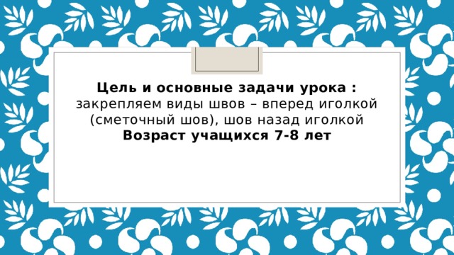 Цель и основные задачи урока : закрепляем виды швов – вперед иголкой (сметочный шов), шов назад иголкой Возраст учащихся 7-8 лет 