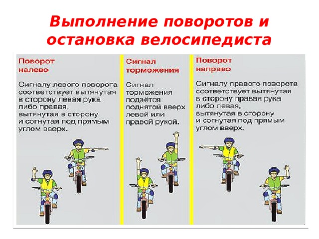 Выполнение поворотов и остановка велосипедиста 