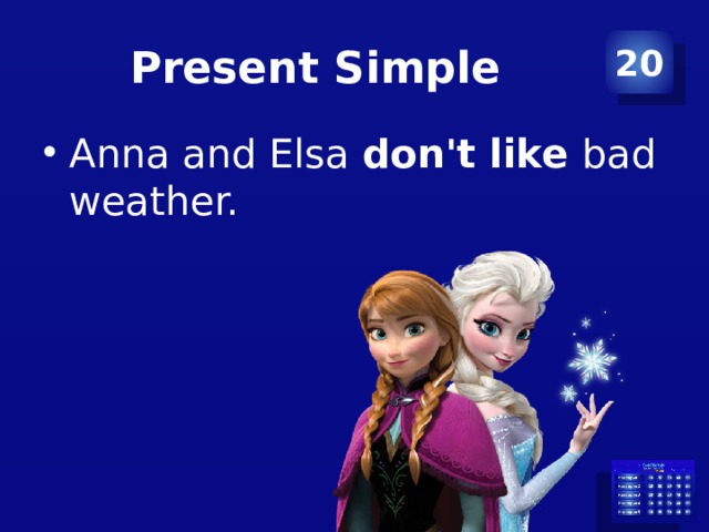 Present Simple 20 Anna and Elsa don't like bad weather. 
